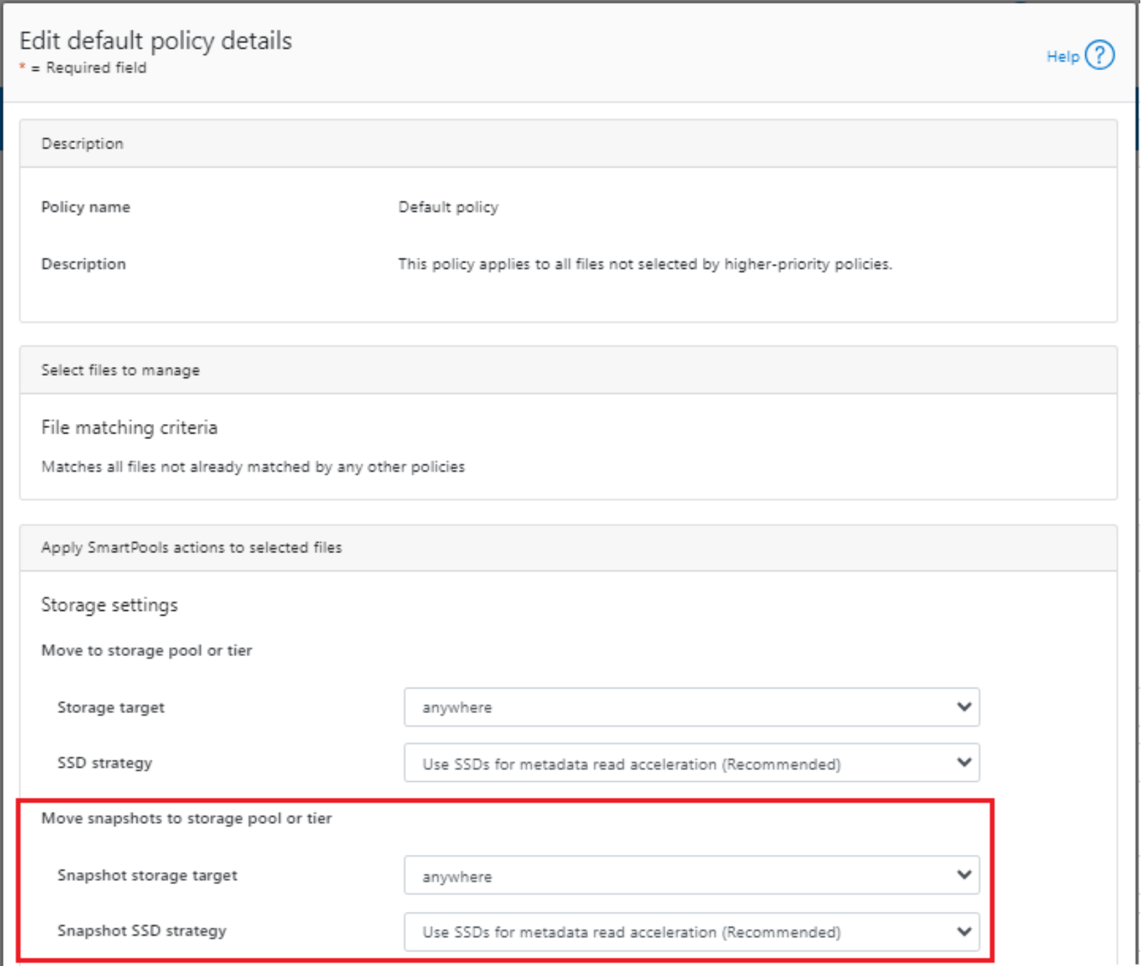 Screenshot showing how to configure moving snapshots to a different storage tier and SSD strategy.