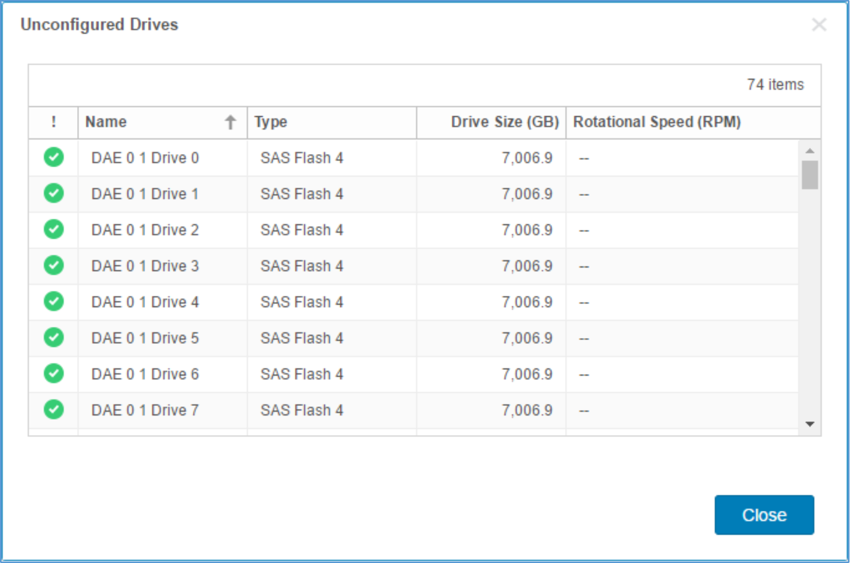 This image lists the unconfigured drives and their physical location on a Unity system