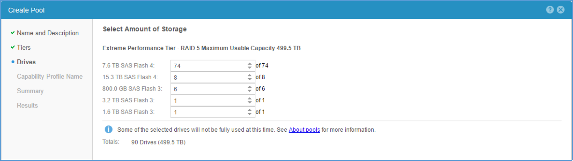 This image shows the configuring of the amount of drives to add to the pool for each drive type and tier