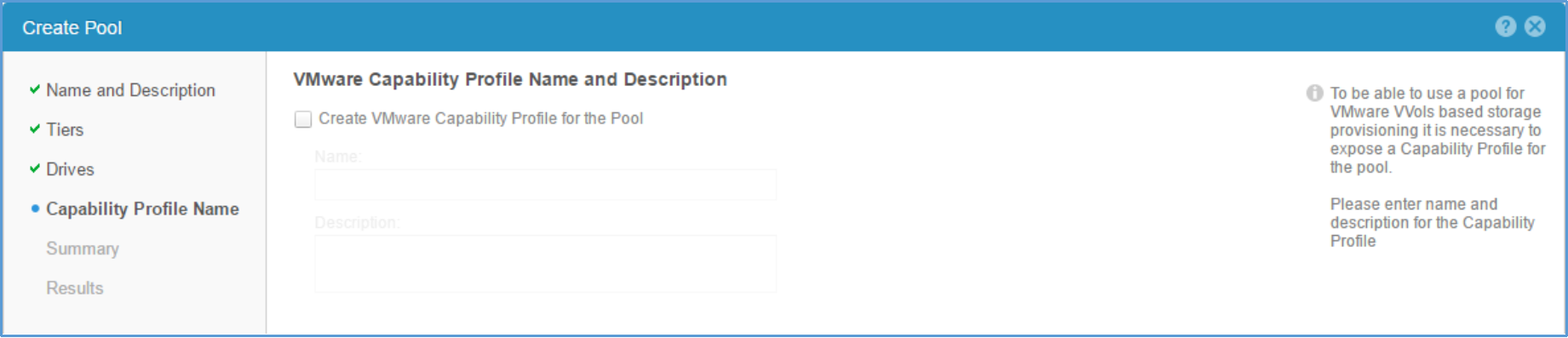 This image shows the option of to enable a VMware capability profile on the pool