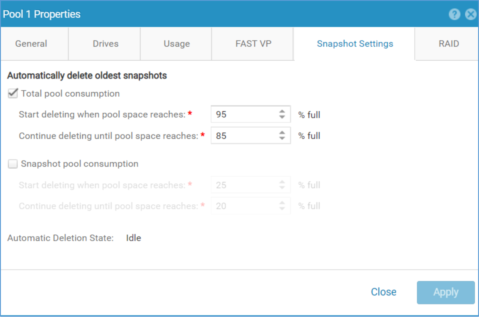 This image shows the pools configured automatic snapshot deletion policy