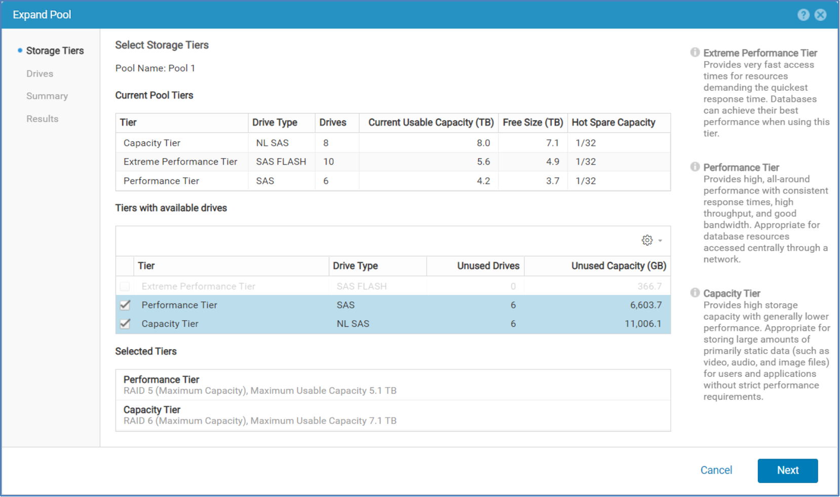 This image shows the available storage tiers that can be selected for a pool expansion