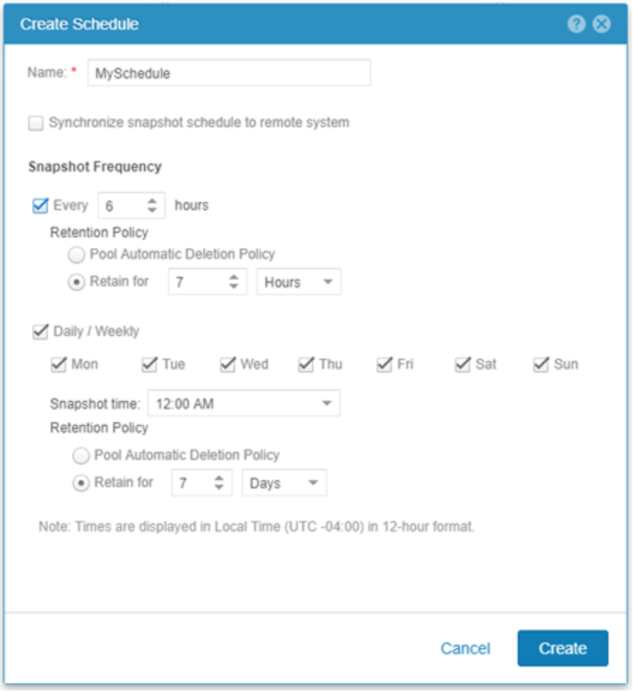 Example of Unisphere's Create Snapshot schedule wizard