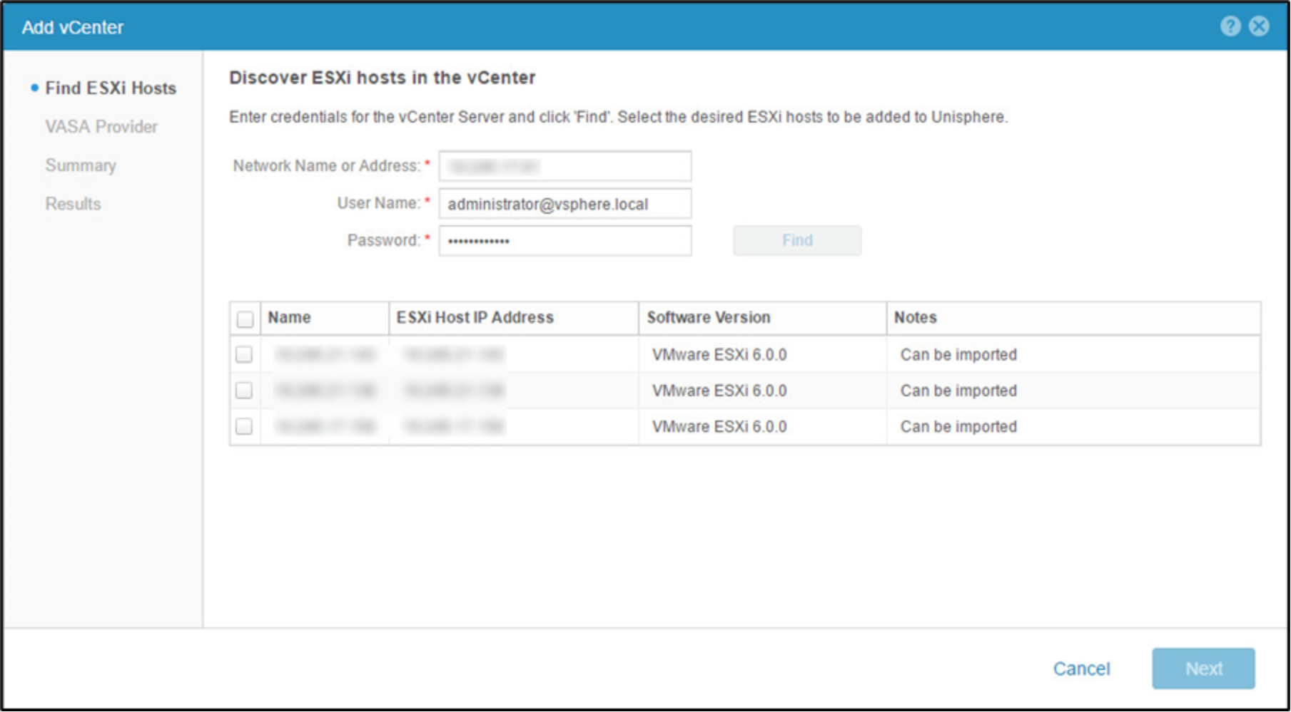 Example of discovering ESXi hosts with Dell Unity's VMware integration