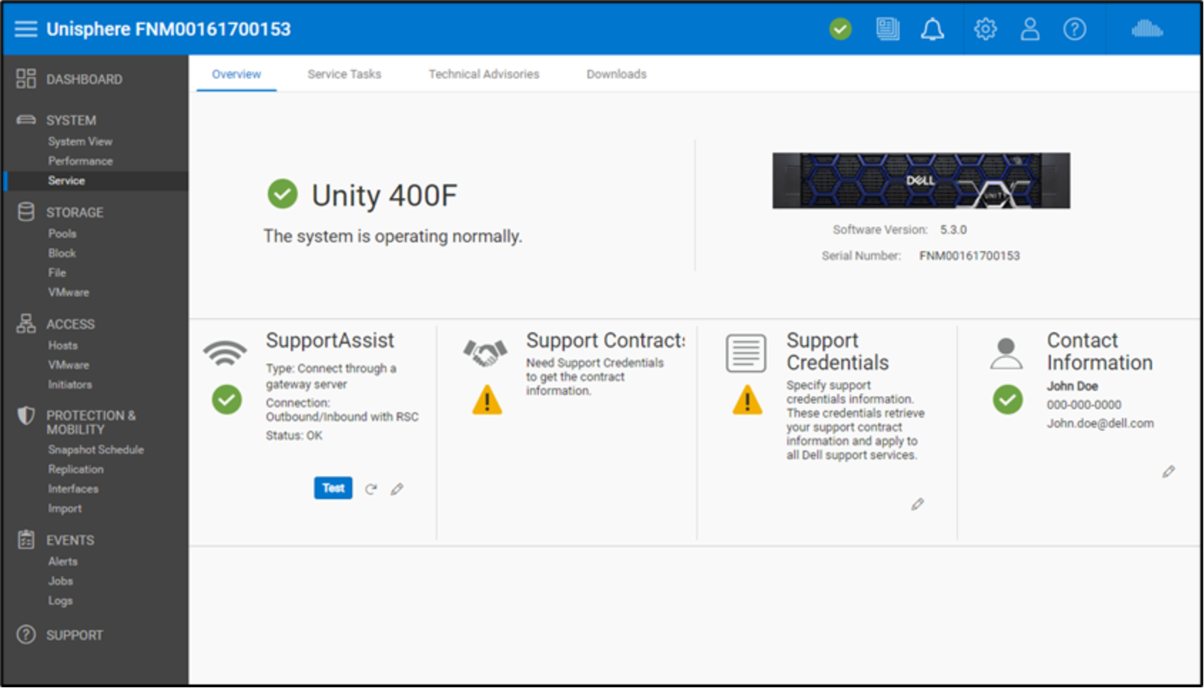 Example of Dell Unity Unisphere showing SupportAssist / Secure Remote Services configured