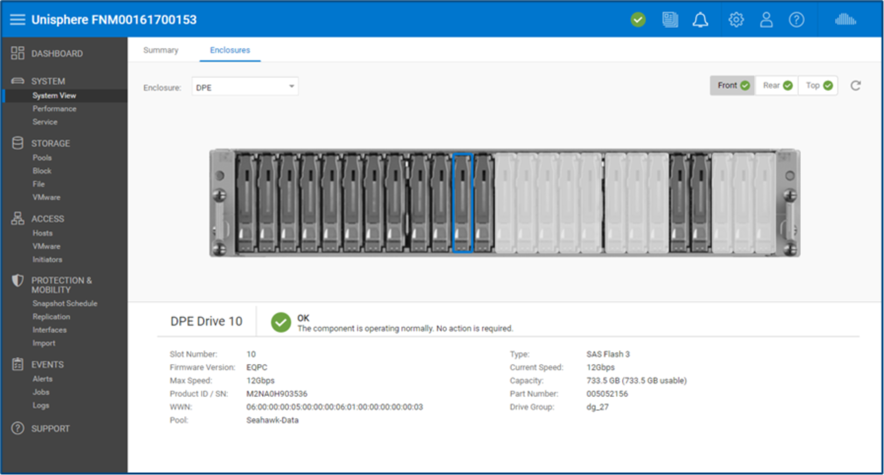 A visual depiction of your Dell Unity system in Unisphere UI under the System View page