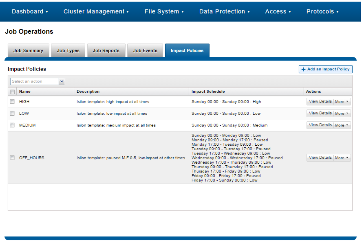 Screenshot showing Job Engine impact policy management through the OneFS WebUI.