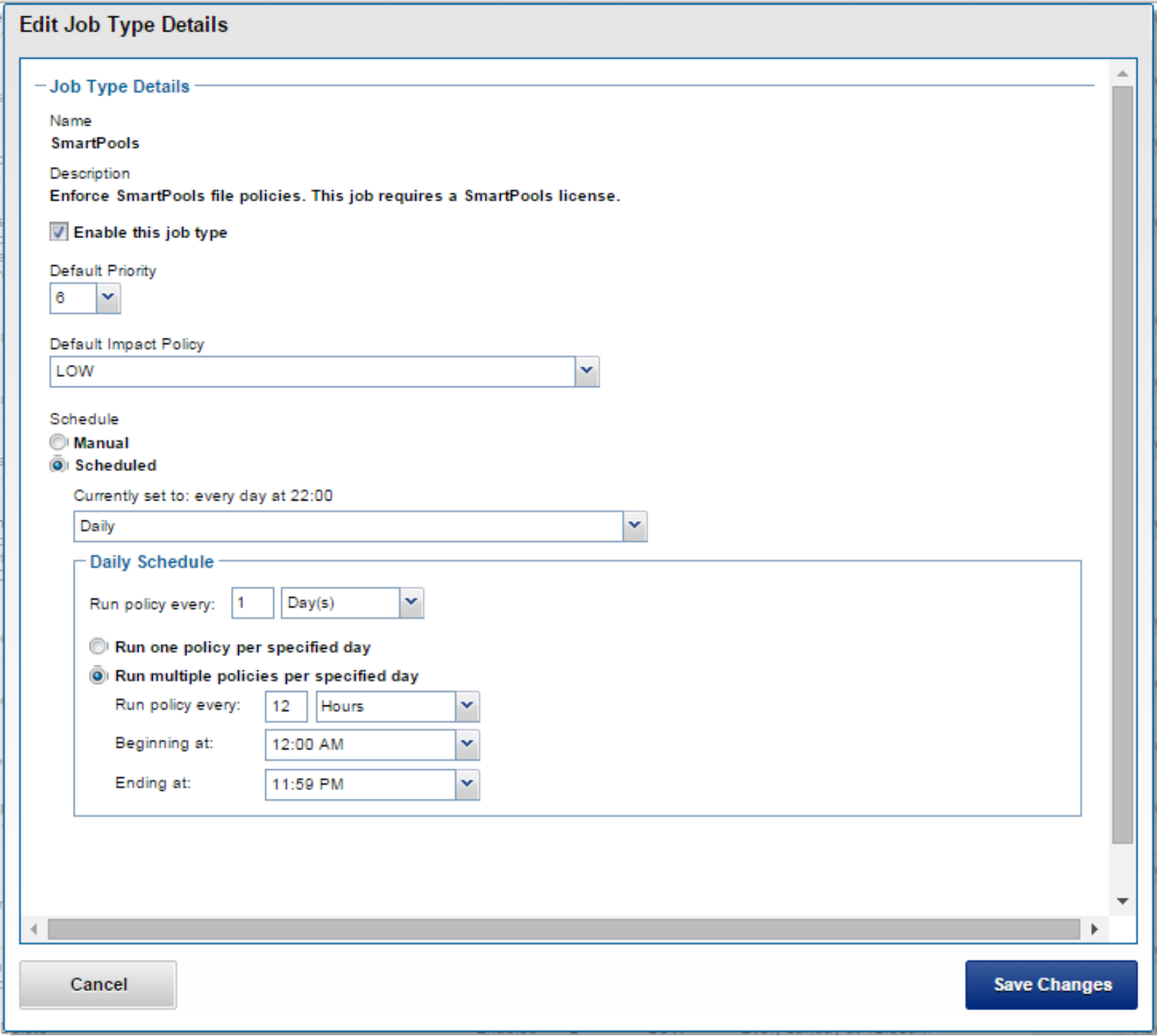 WebUI screenshot showing OneFS Job Engine job scheduling.