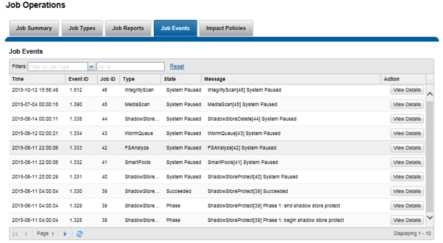 WebUI screenshot showing the job operations view of job engine events. 