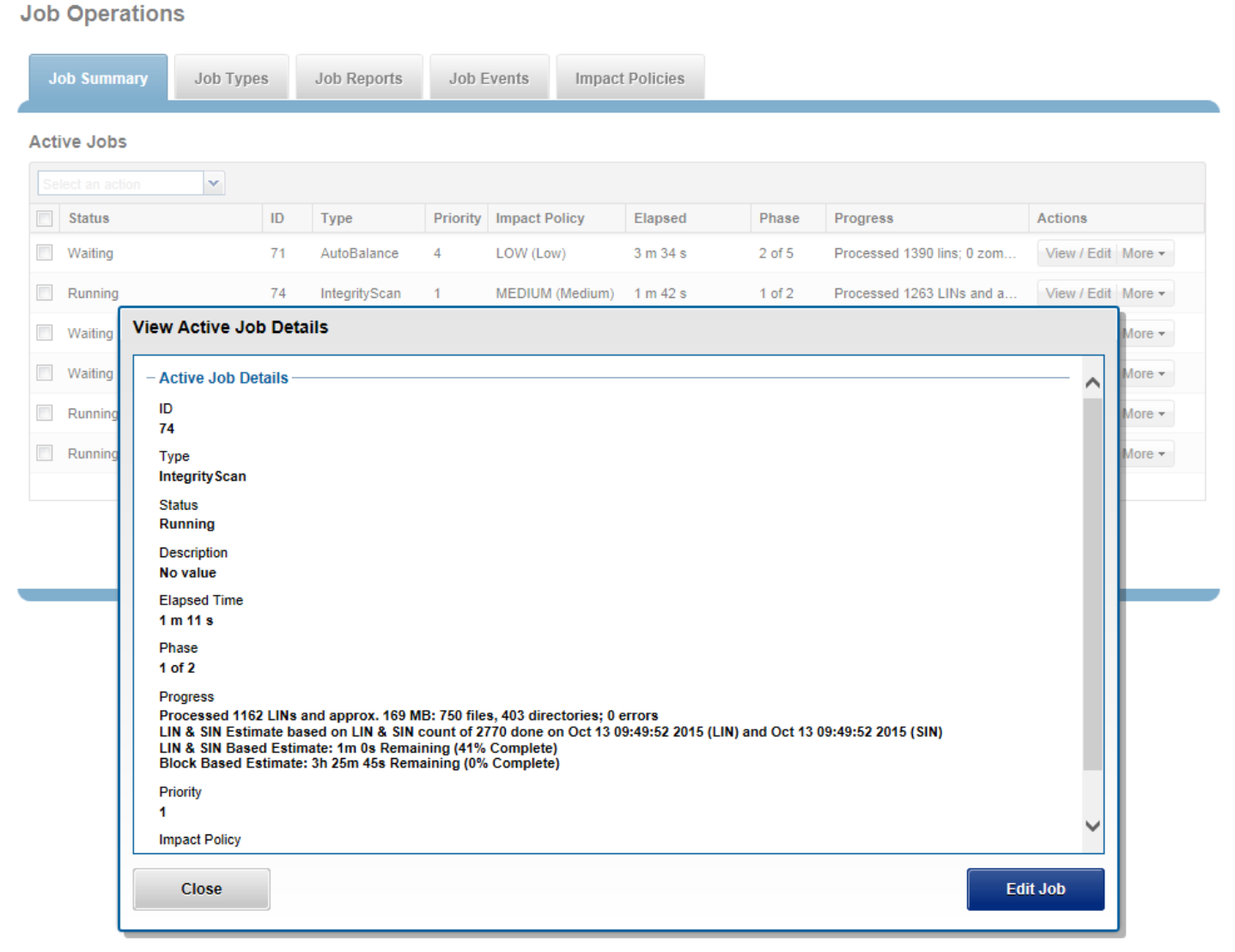 WebUI screenshot showing a job report.
