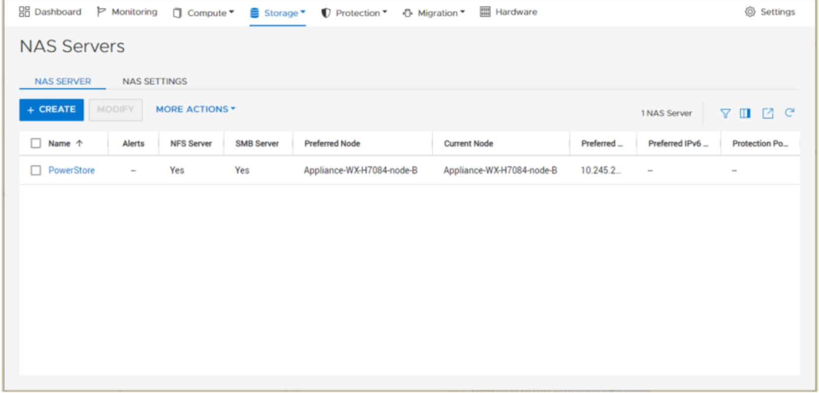 A screenshot of PowerStore Manager showing the NAS Servers page which includes the current and preferred node columns.