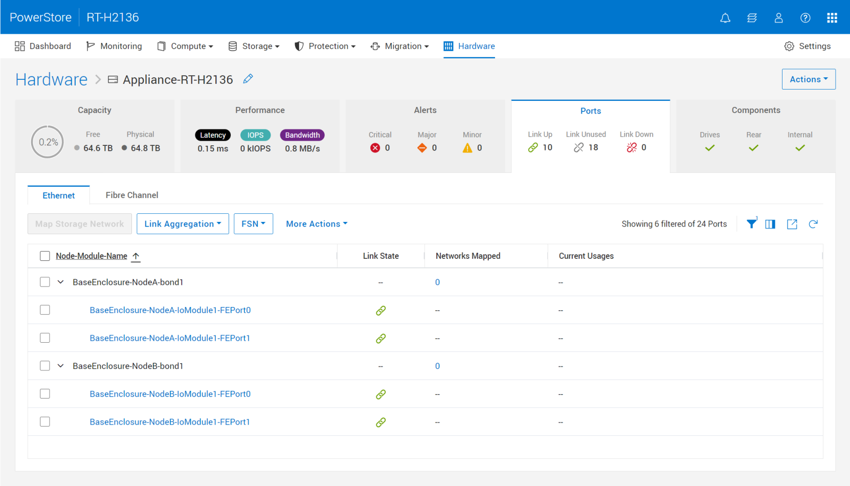 A screenshot of PowerStore Manager showing the newly created bond1 on both nodes.