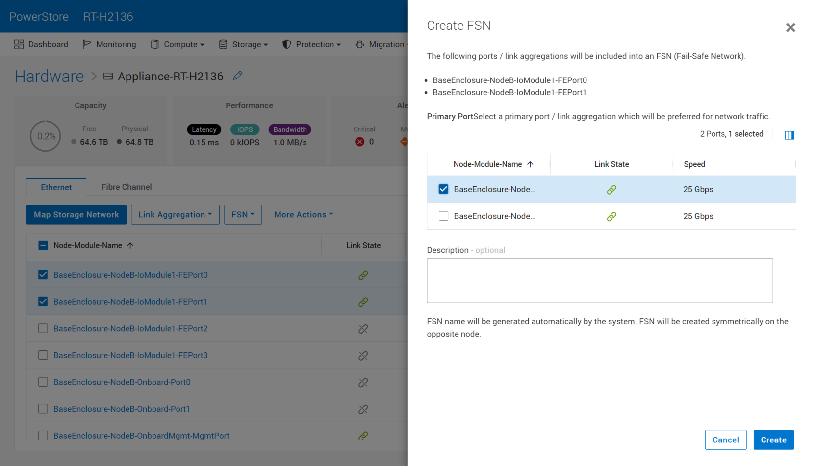 A screenshot of PowerStore Manager showing the create FSN page and the ability to designate one port as primary.