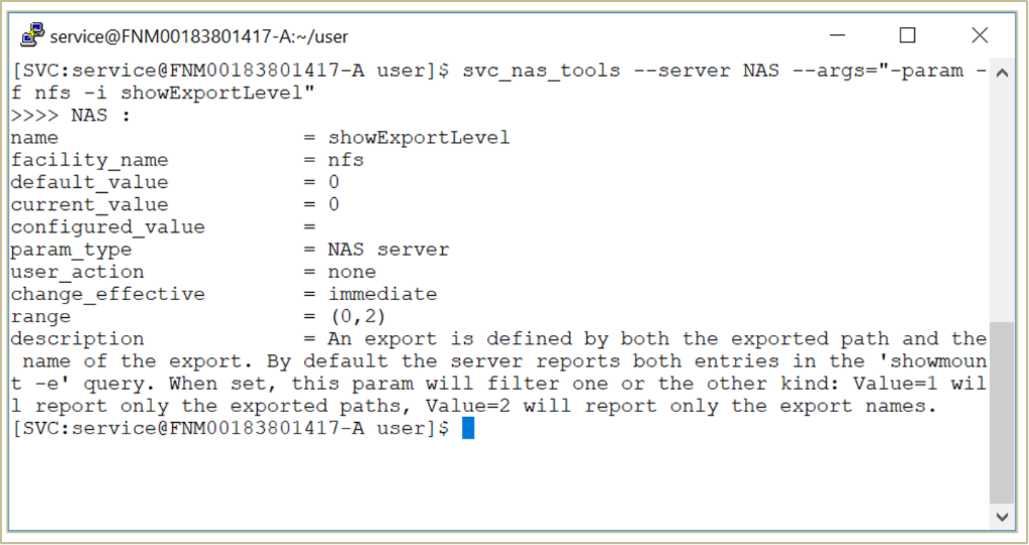 A screenshot of an SSH session running the svc_nas_tools command to view a NAS server parameter.