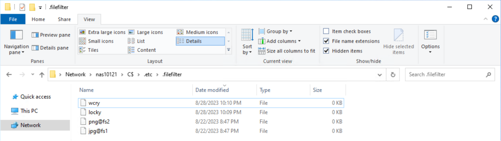 A screenshot of file extension filtering files that were configured in the .filefilter directory.