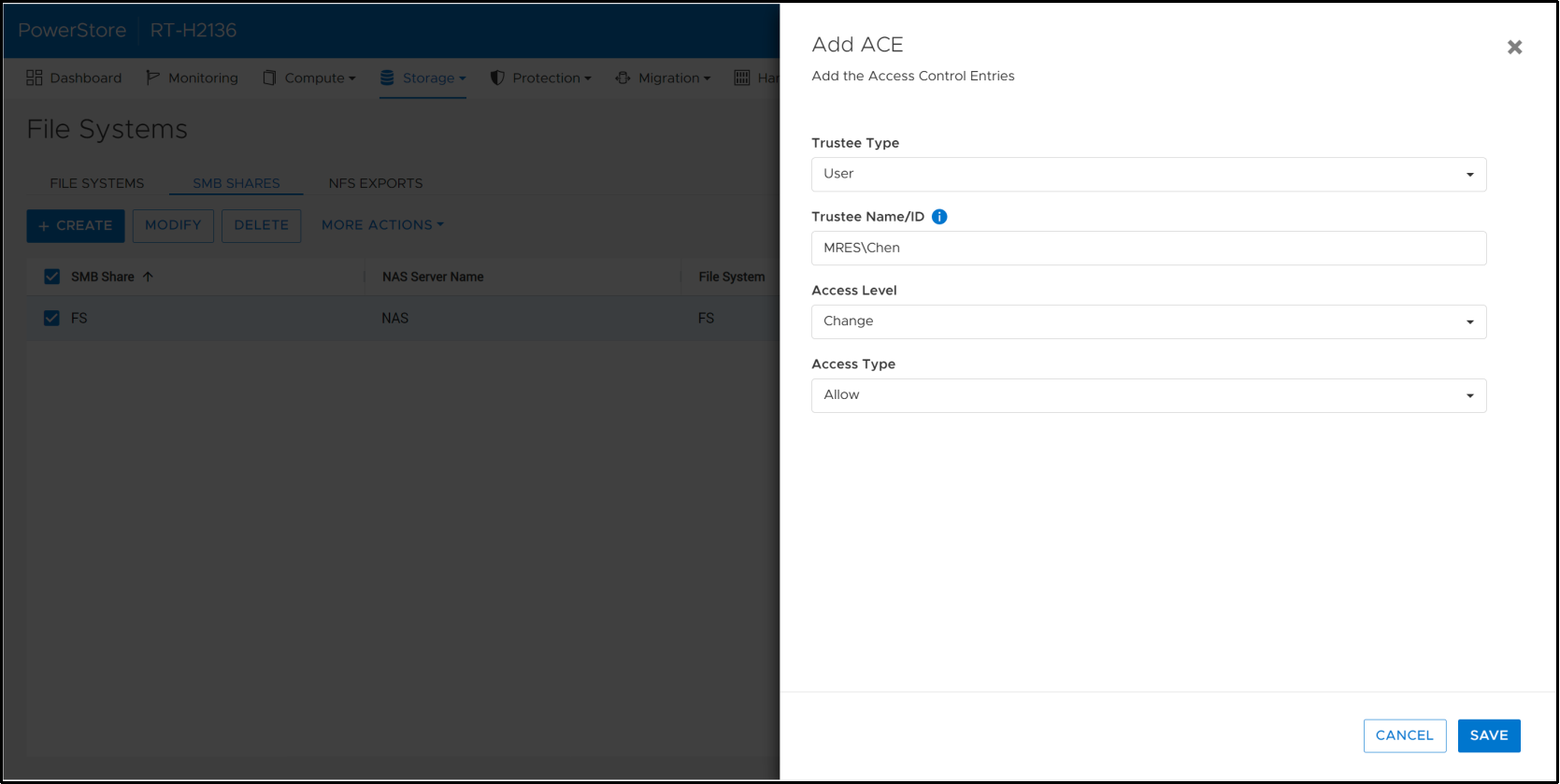 A screenshot of PowerStore Manager showing the form that is used to add a new ACE.