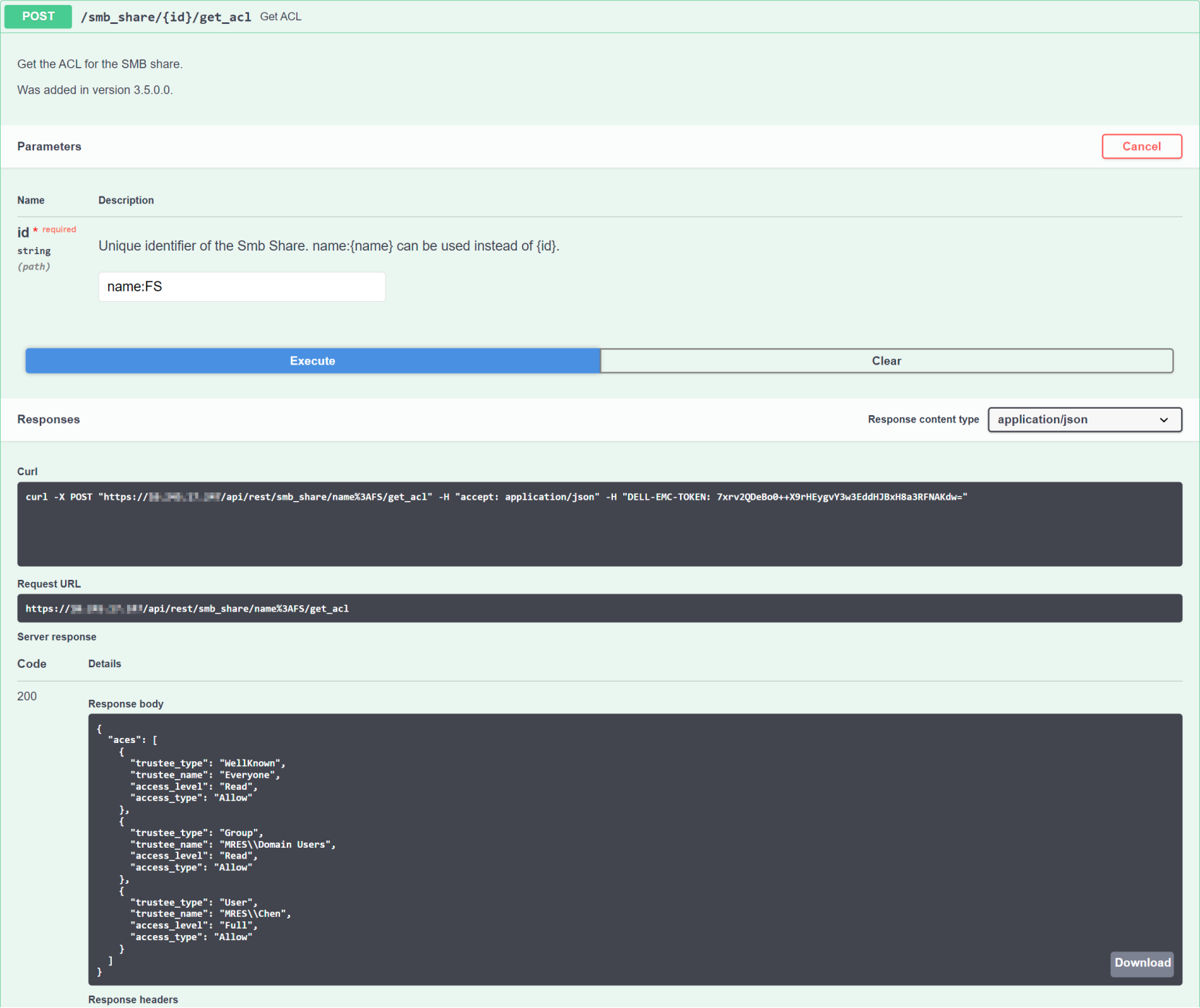 A screenshot of SwaggerUI showing how to use the REST API to retrieve the ACL of a share.
