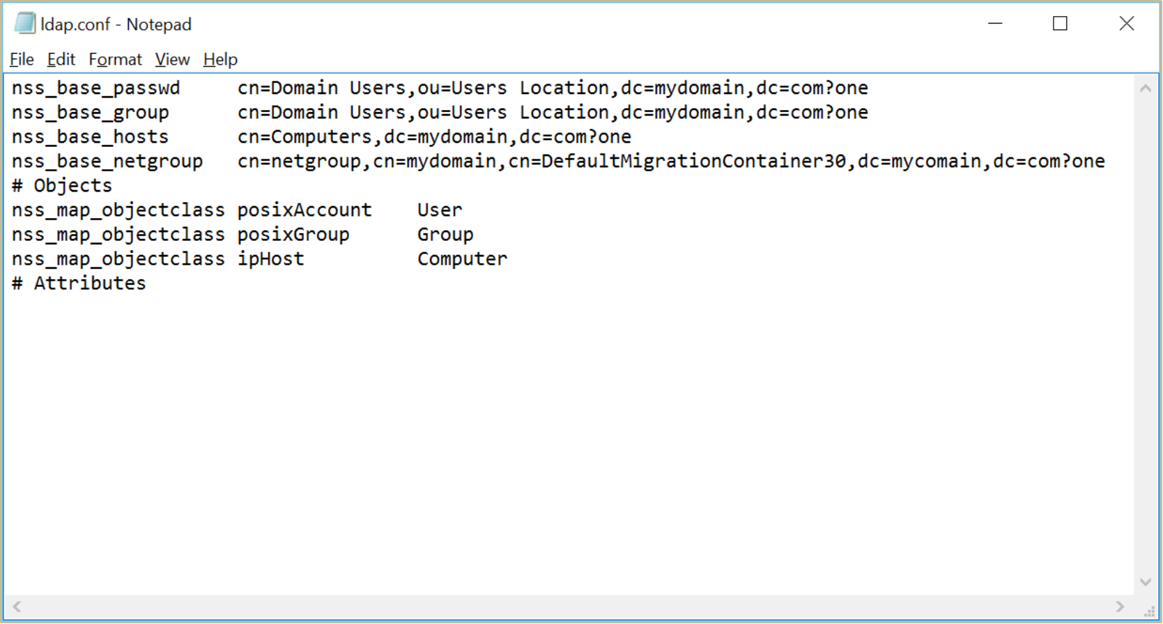 A screenshot of an example ldap.conf configuration file.