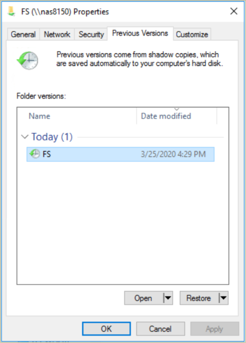 A screenshot showing how to access snapshot data through Previous Versions on Windows.
