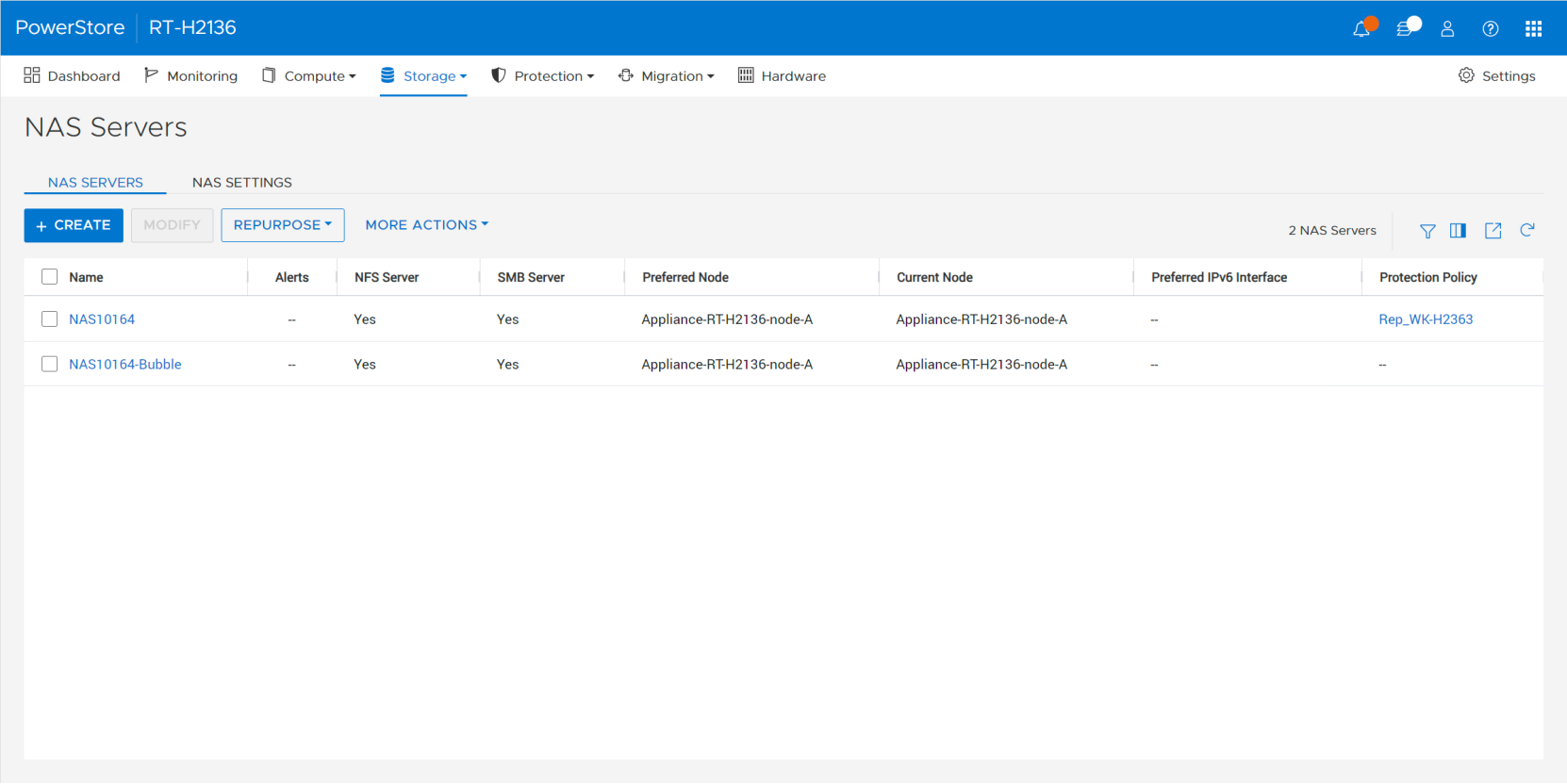 A screenshot of PowerStore Manager showing a destination NAS server along with a DRT NAS server.