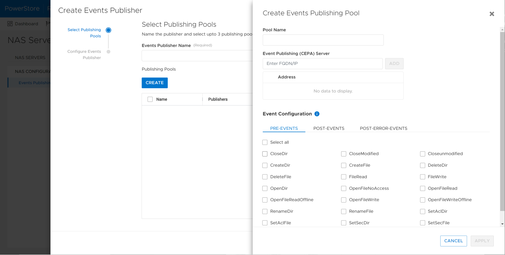A screenshot of PowerStore Manager showing the publishing pool configuration page.