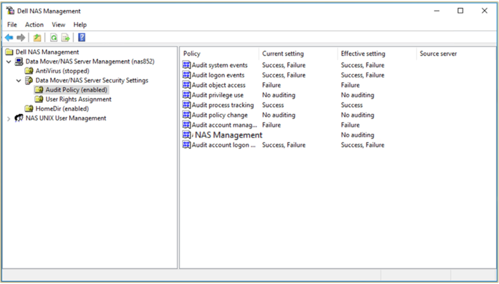 A screenshot of the Microsoft MMC snap-in showing the audit policy settings.