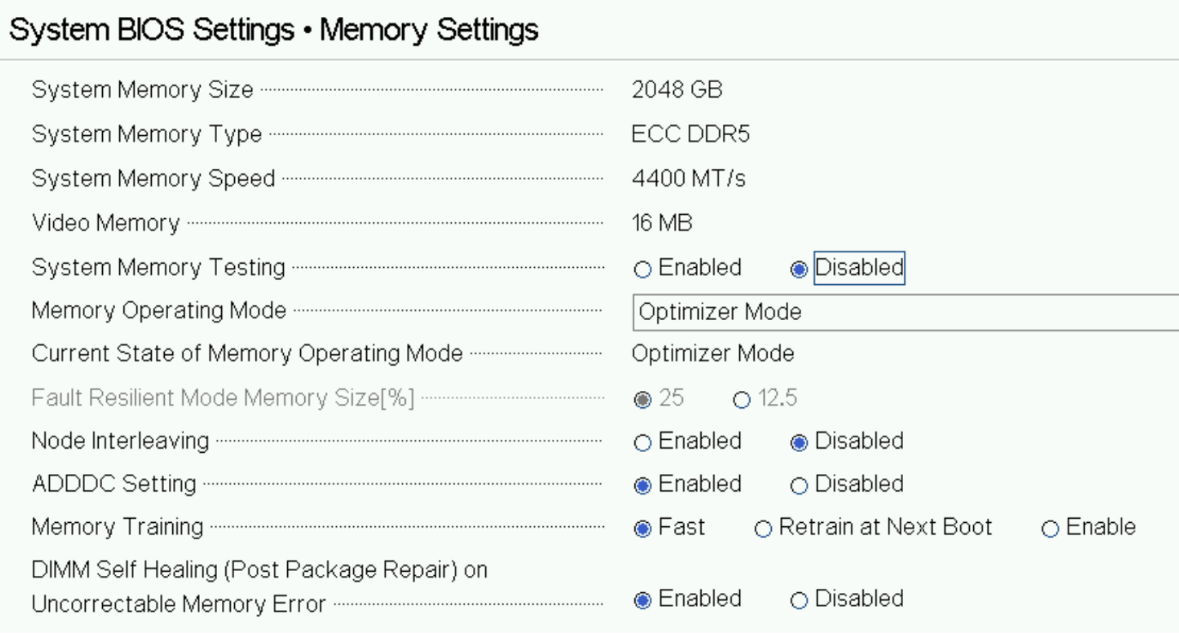 A screenshot showing System Bios Memory Operating Mode settings