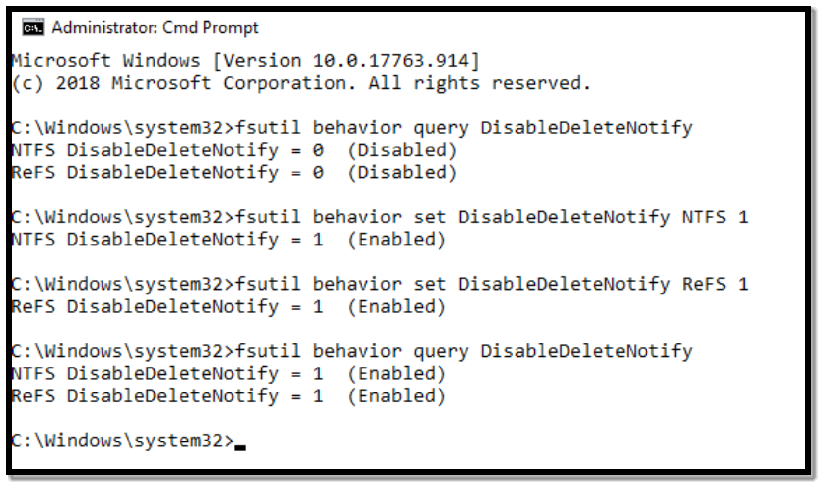 A demonstration of the fsutil command line utility used in a Windows command prompt window. the fsutil utility is being used to query and set the DisableDeleteNotify setting to disable and enable trim/unmap