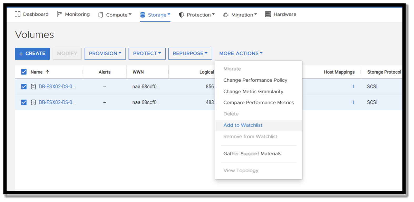 A screenshot showing how to add volumes to a watchlist in PowerStore manager. Under Storage, Volumes, select one or more volumes, right click and choose "Add to Watchlist"