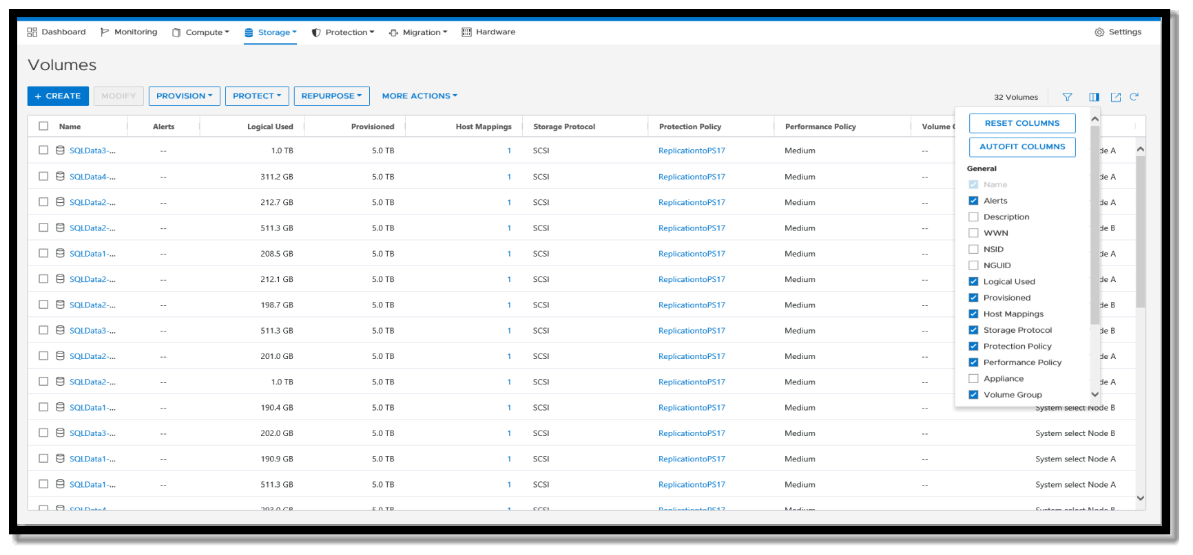 A screenshot showing how to display volume node affinity in PowerStore manager. On the upper right of volumes display there is an icon with rectangular boxes. Selecting that icon presents a menu allowing the node affinity column to be added to the display.