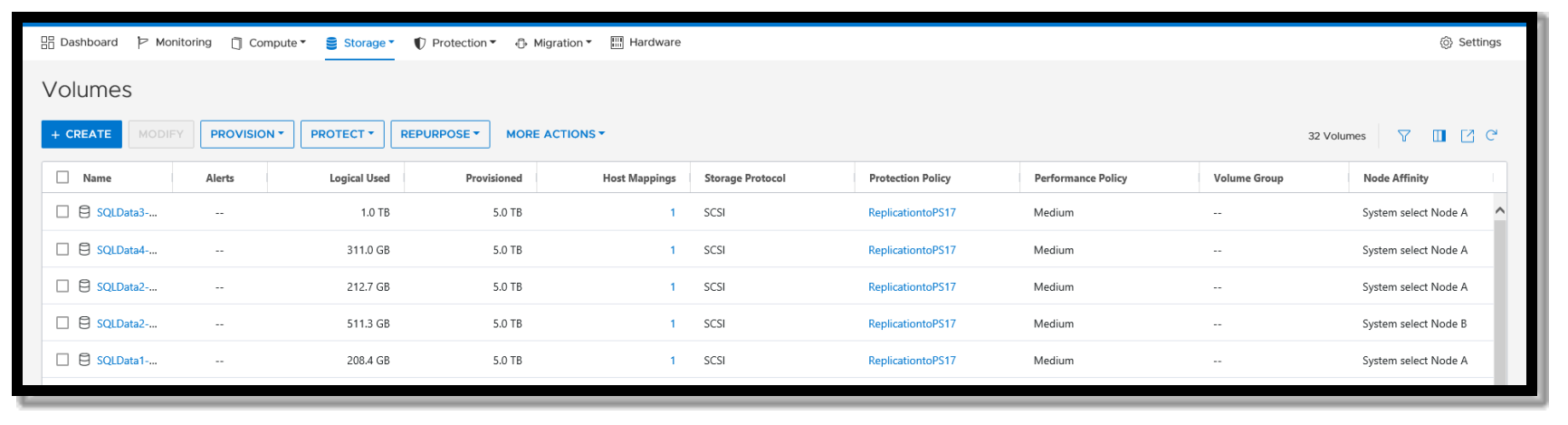 A screenshot showing volumes with the volume node affinity column added in PowerStore manager. For each volume the node affinity is displayed in the last column on the right.