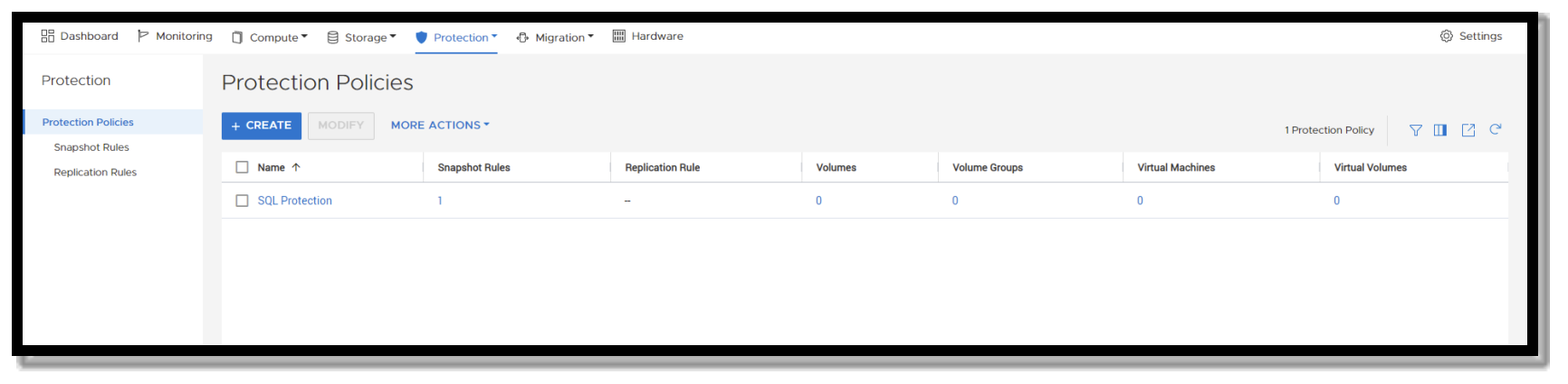 A screenshot showing how to display protection policies in PowerStore manager. in the Protection menu at the top, you click on Protection and choose Protection Policies. A table is then displayed of all Protection Policies.