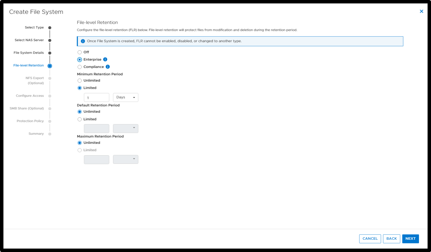 A screenshot of the create file system workflow and options in PowerStore Manager. File level retention options are being set to configure a WORM storage device on PowerStore.