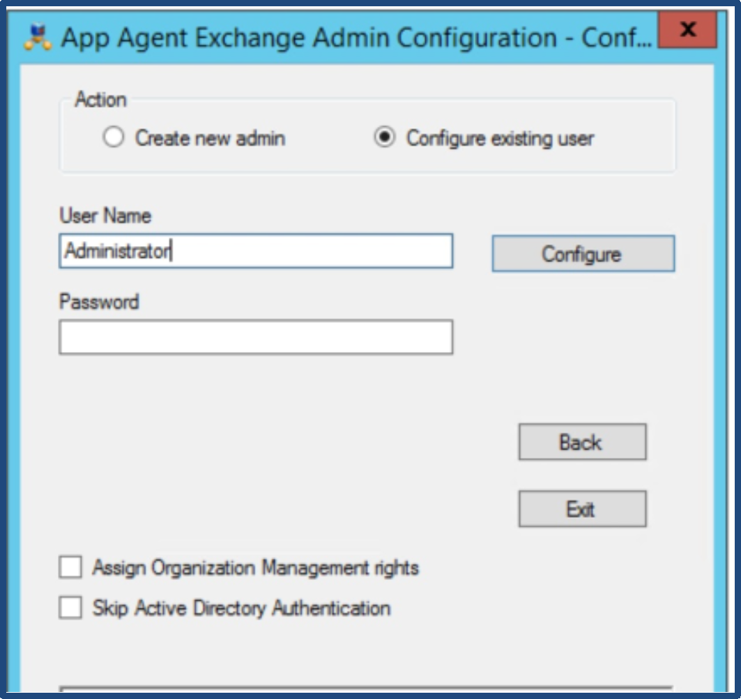 The image shows the option to create a Microsoft application agent Exchange administrator account using the App Agent Exchange Admin Configuration tool