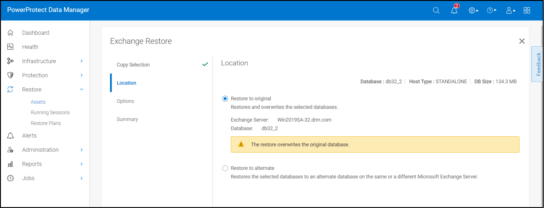 The image shows the option to select restore to original to restore and overwrites the selected database.