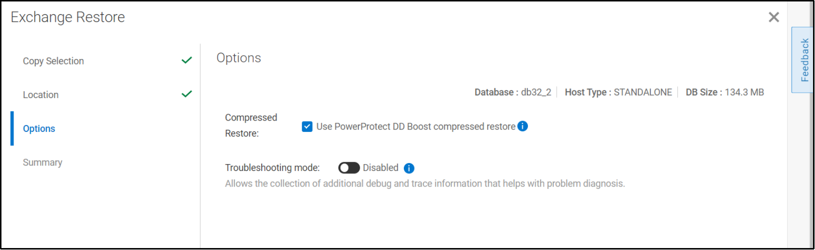 The image shows option to select PowerProtect DD compressed restore.