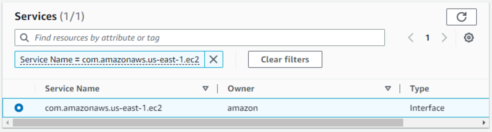 This figure shows the ec2 service when creating an endpoint.