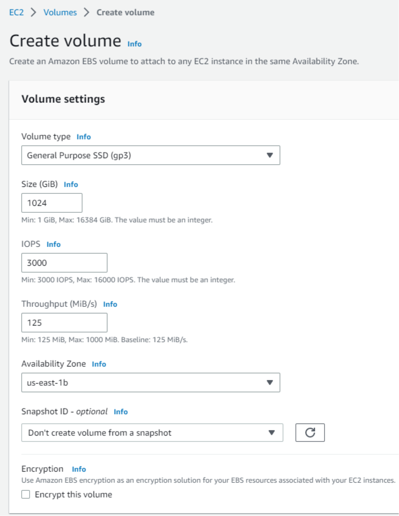 This figure shows how to create an EBS volume.