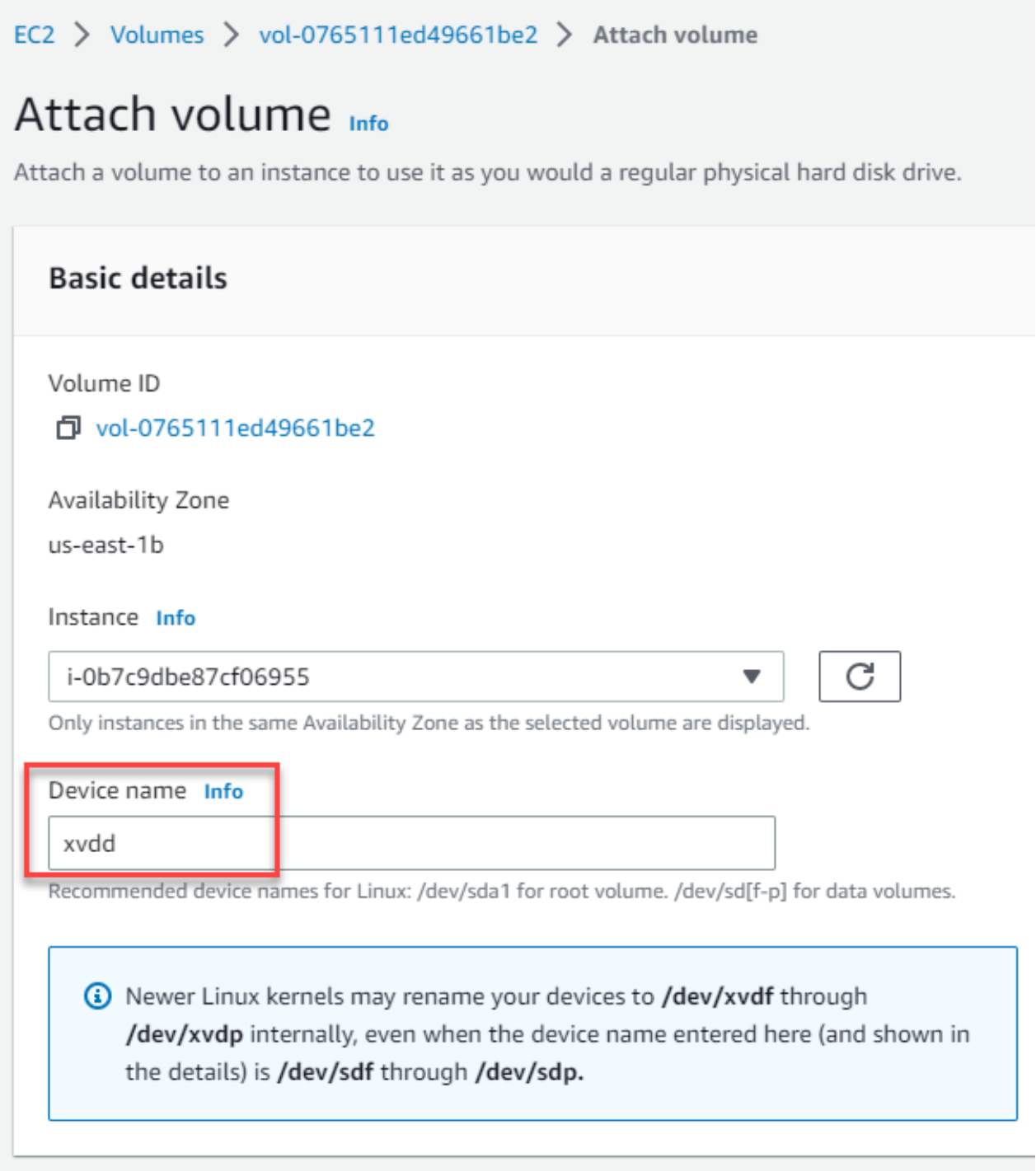 This figure shows how to attach the EBS volume.