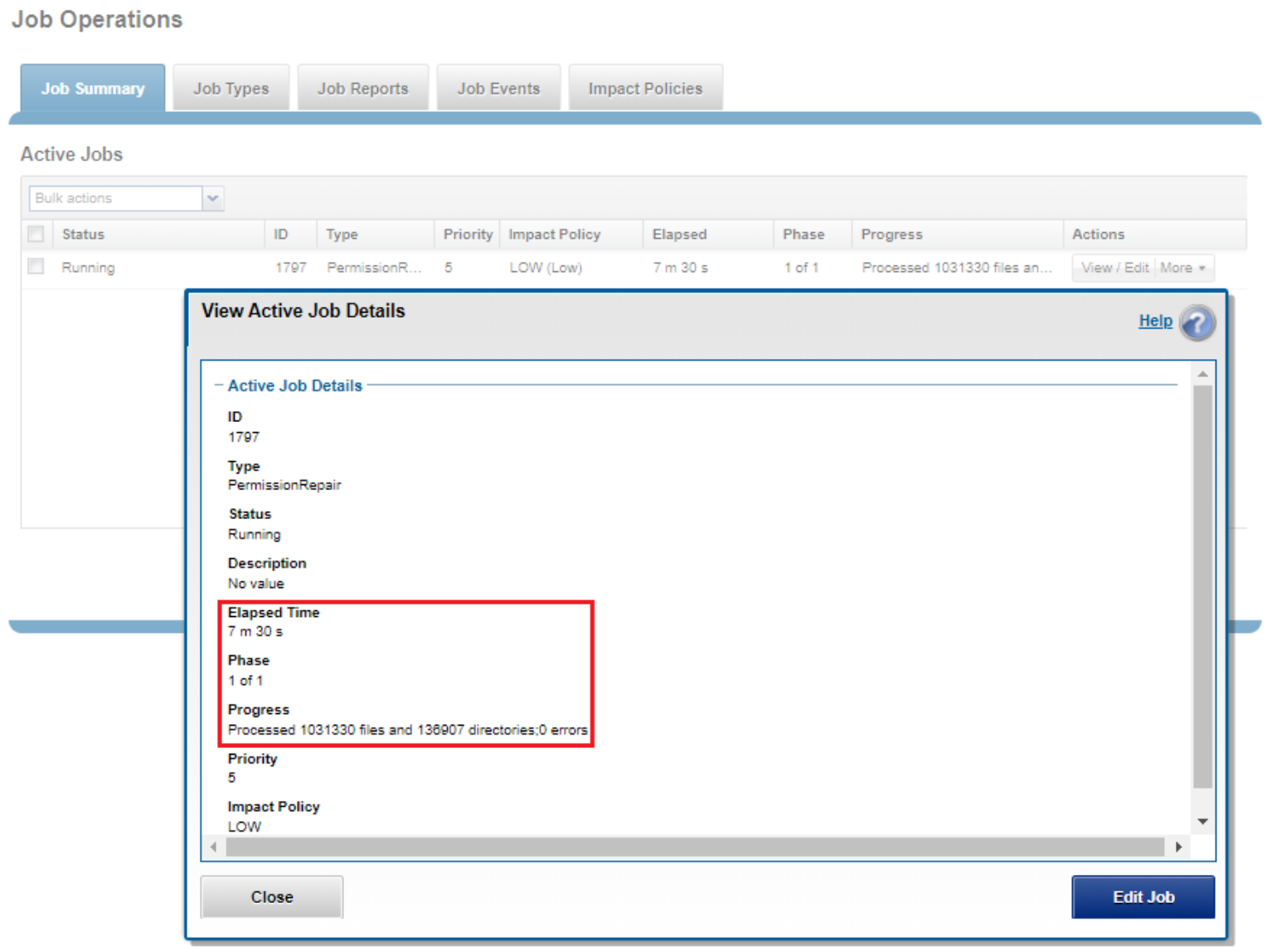 WebUI screenshot showing Permission Repair active job details.