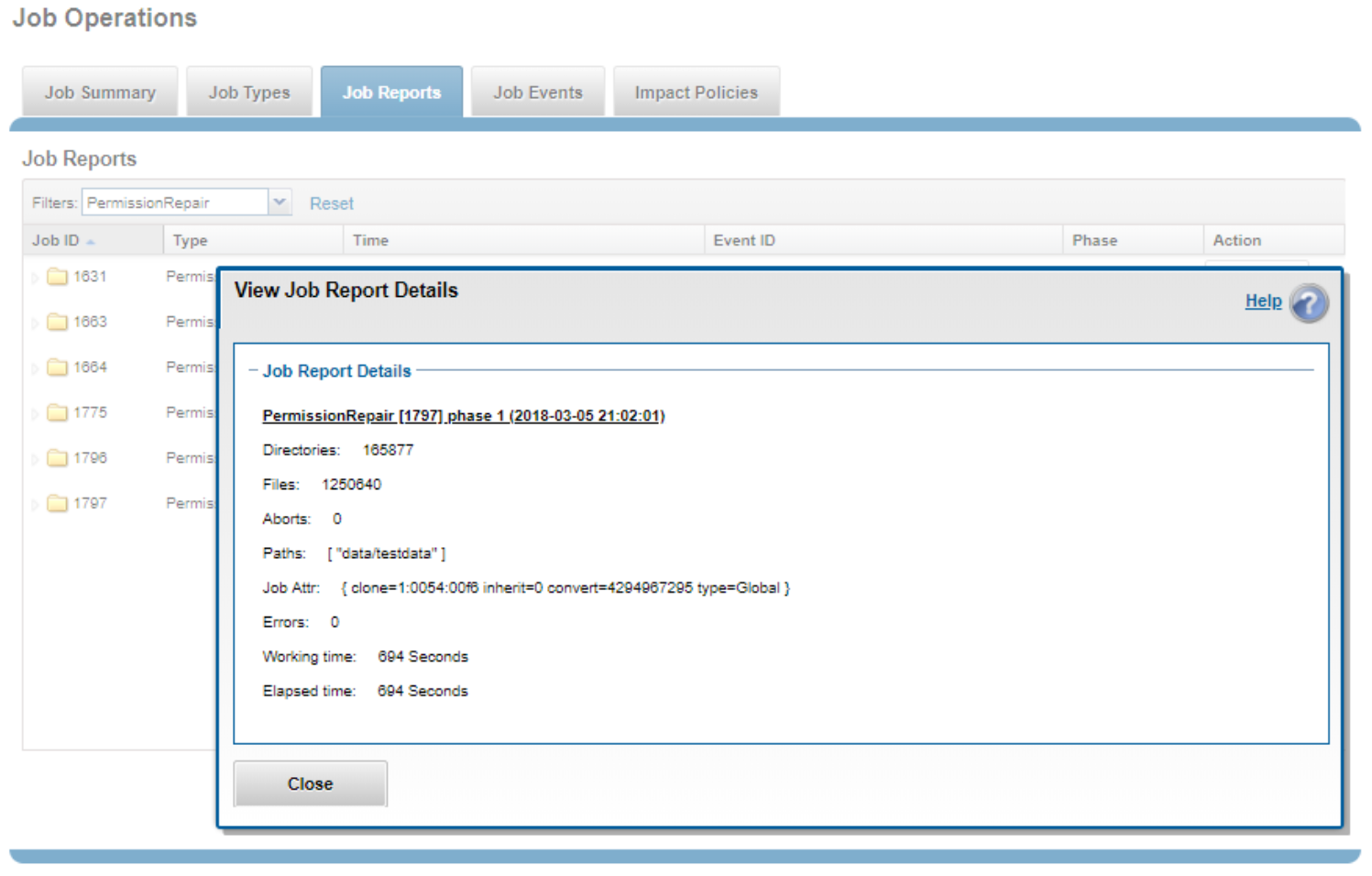 WebUI screenshot showing a PermissionRepair job report.