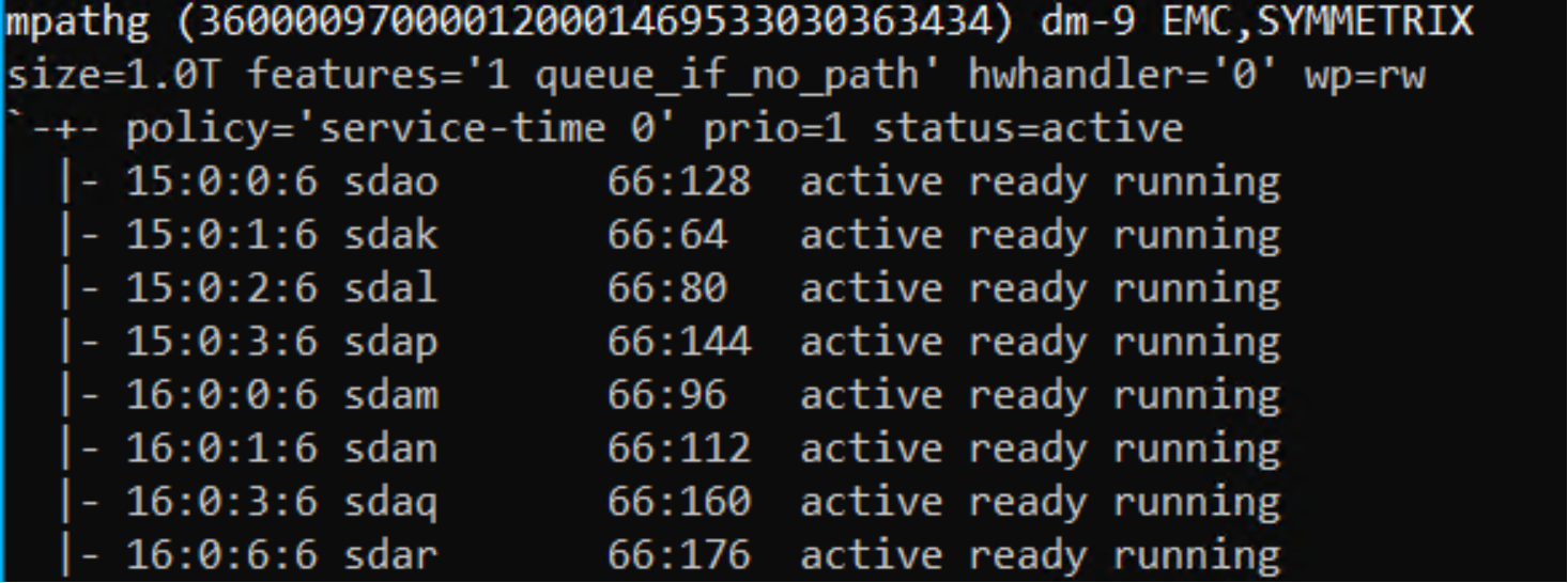 Multipath -ll CLI command output showing all paths active ready running.