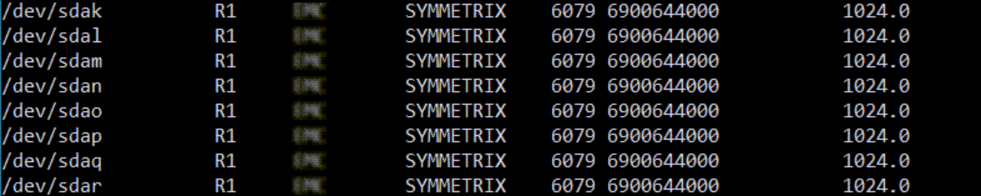 default output for inq/syminq command showing all devices with same array serial number.