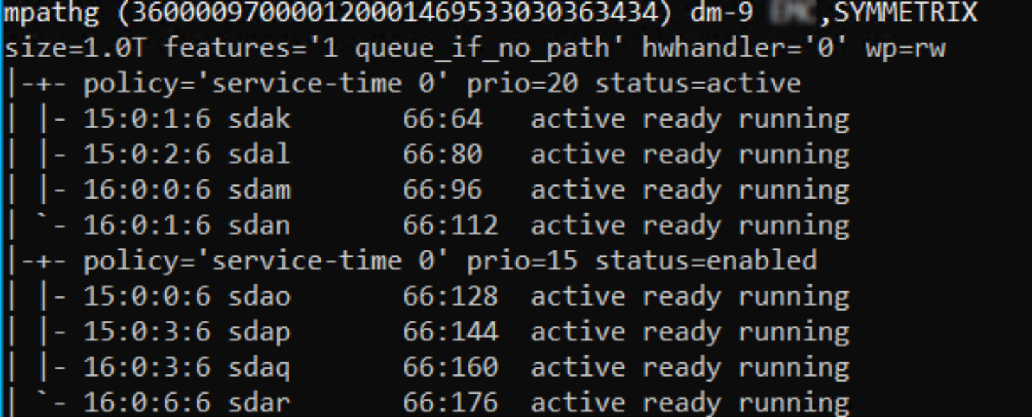 multipath -ll cli command output showing priorities applied to all devices