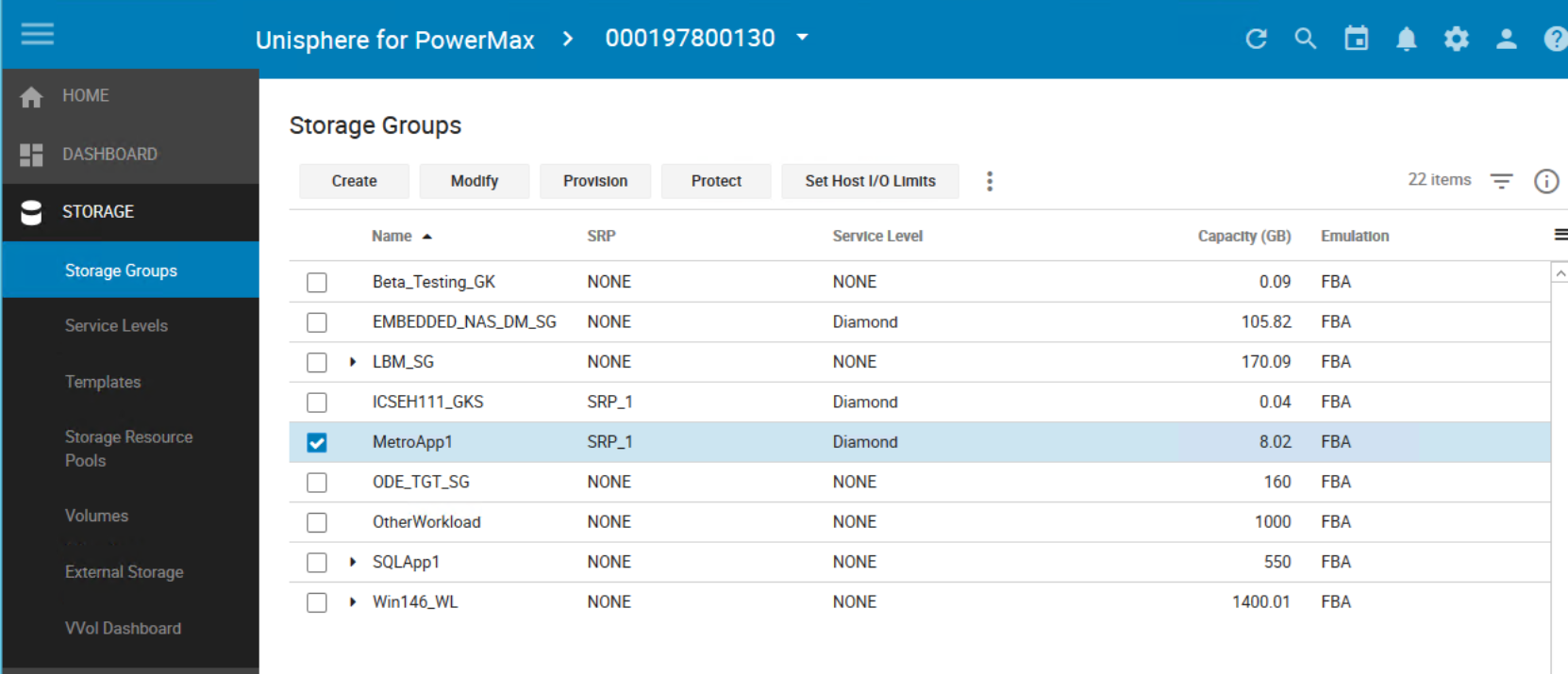 Screenshot showing Selecting Storage group through Unisphere for PowerMAX