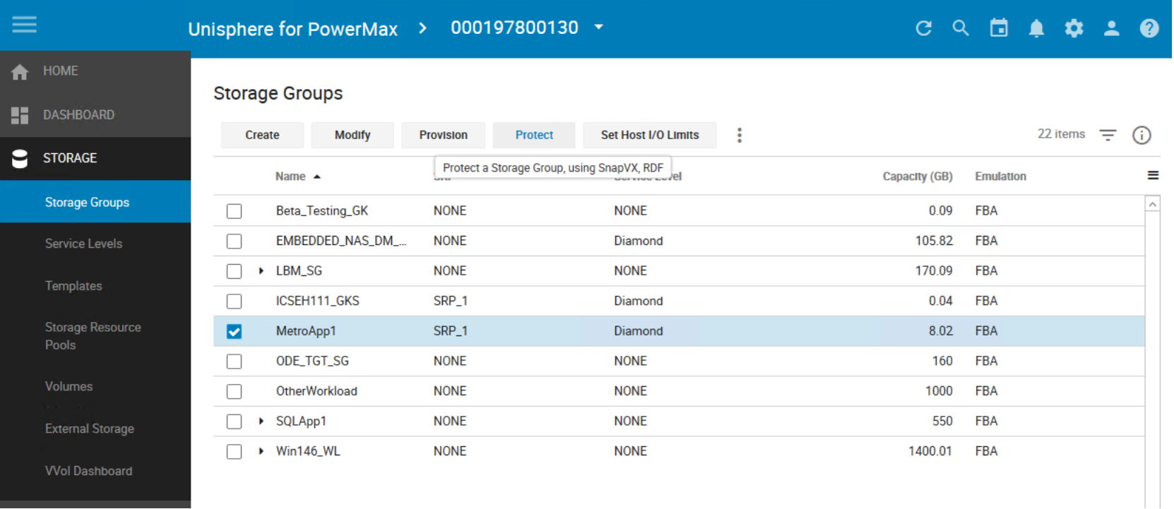 Screenshot Protecting Storage Group