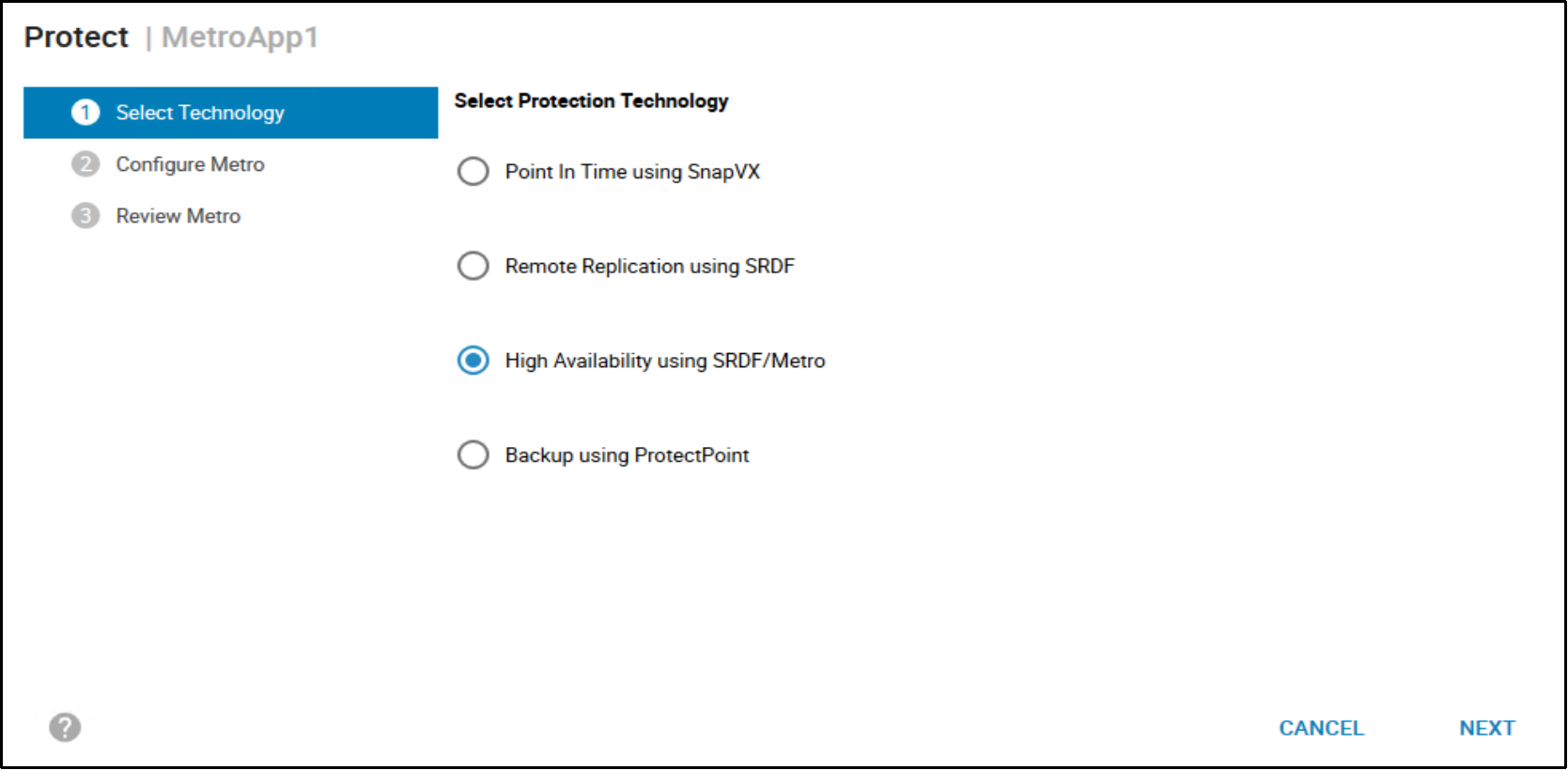 Screenshto SRDF Protection Wizard Screen 1