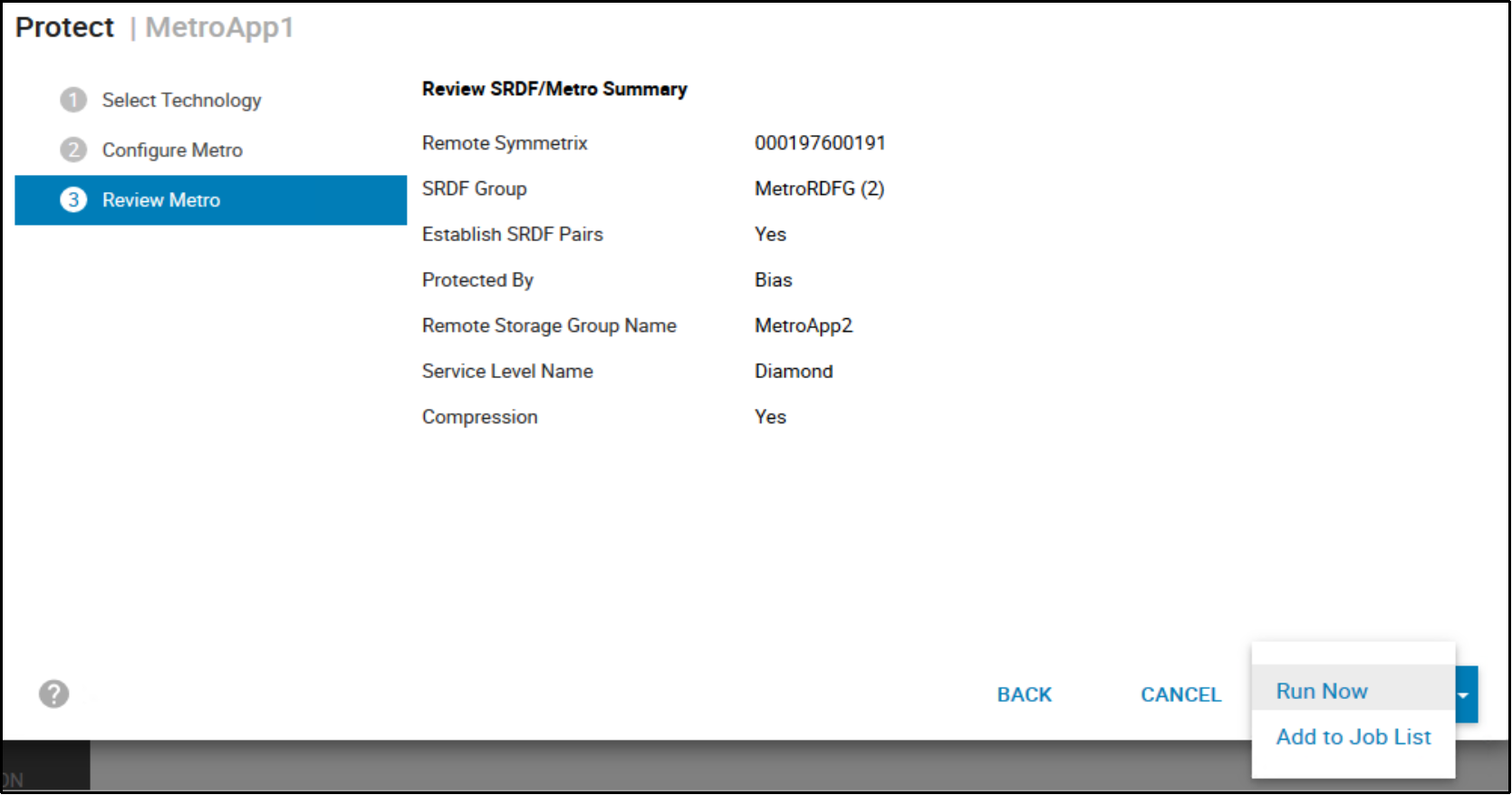 Screenshot SRDF Protection Wizard Summary and Run Now