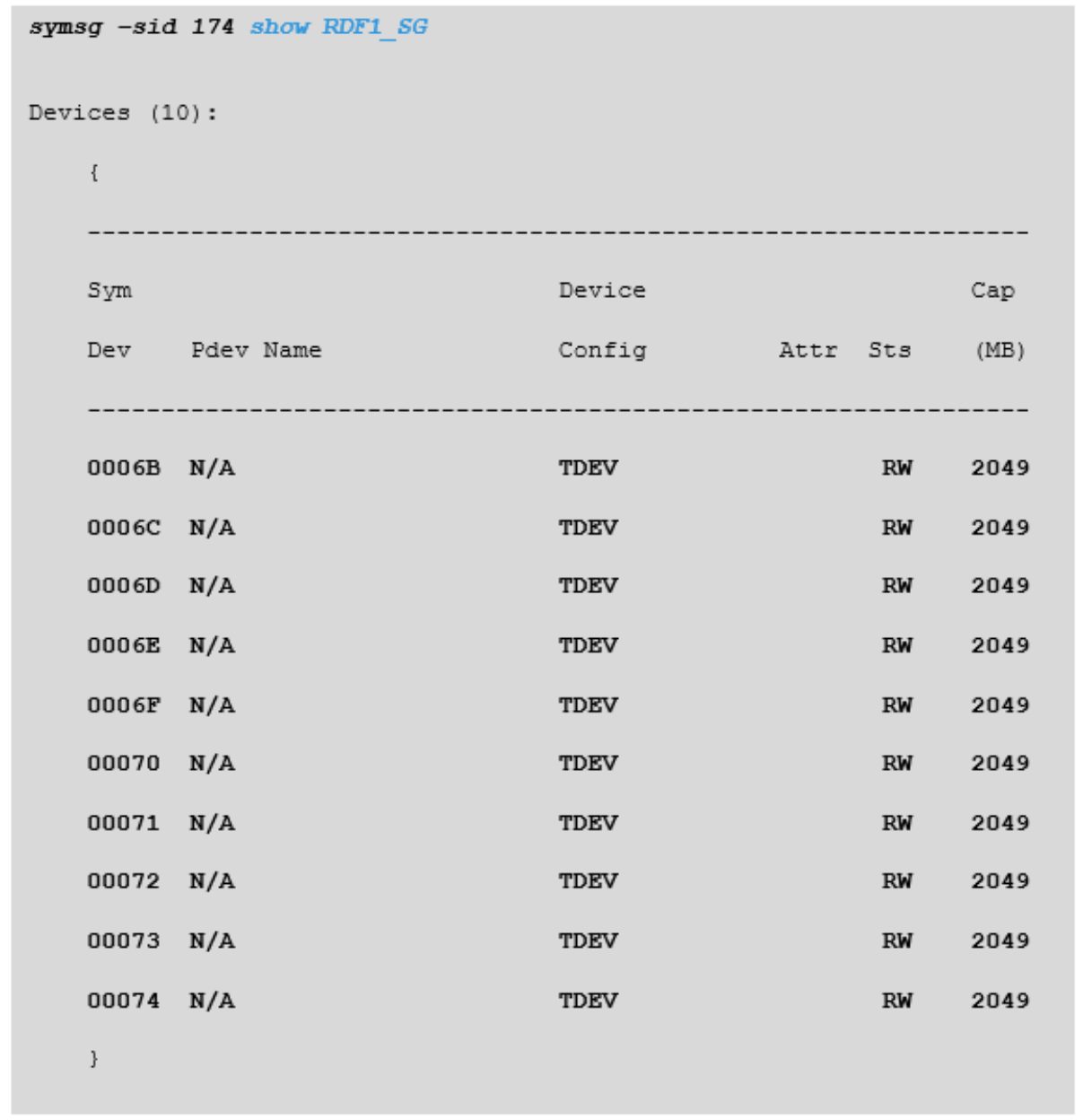 view of storage group devices from solutions enabler command line