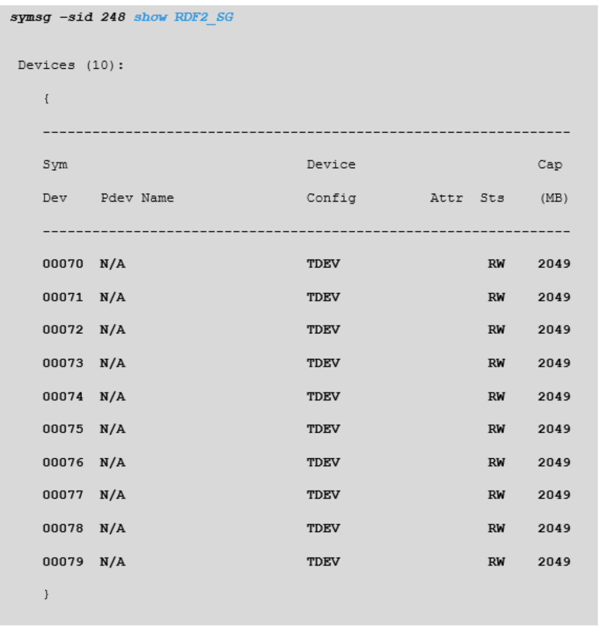 view of storage group devices from solutions enabler command line